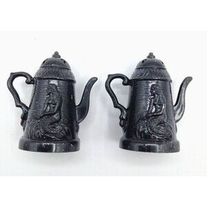 Vtg Black Coffee Tea Kettle Pot Salt & Pepper Shakers Niagara Falls Mermaid 2 PC